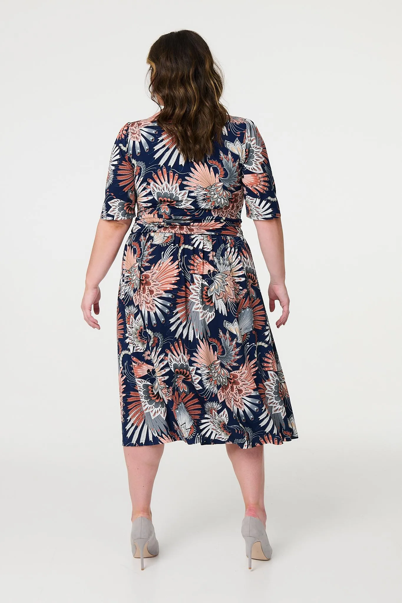 Tropical Print 1/2 Sleeve Midi Wrap Dress