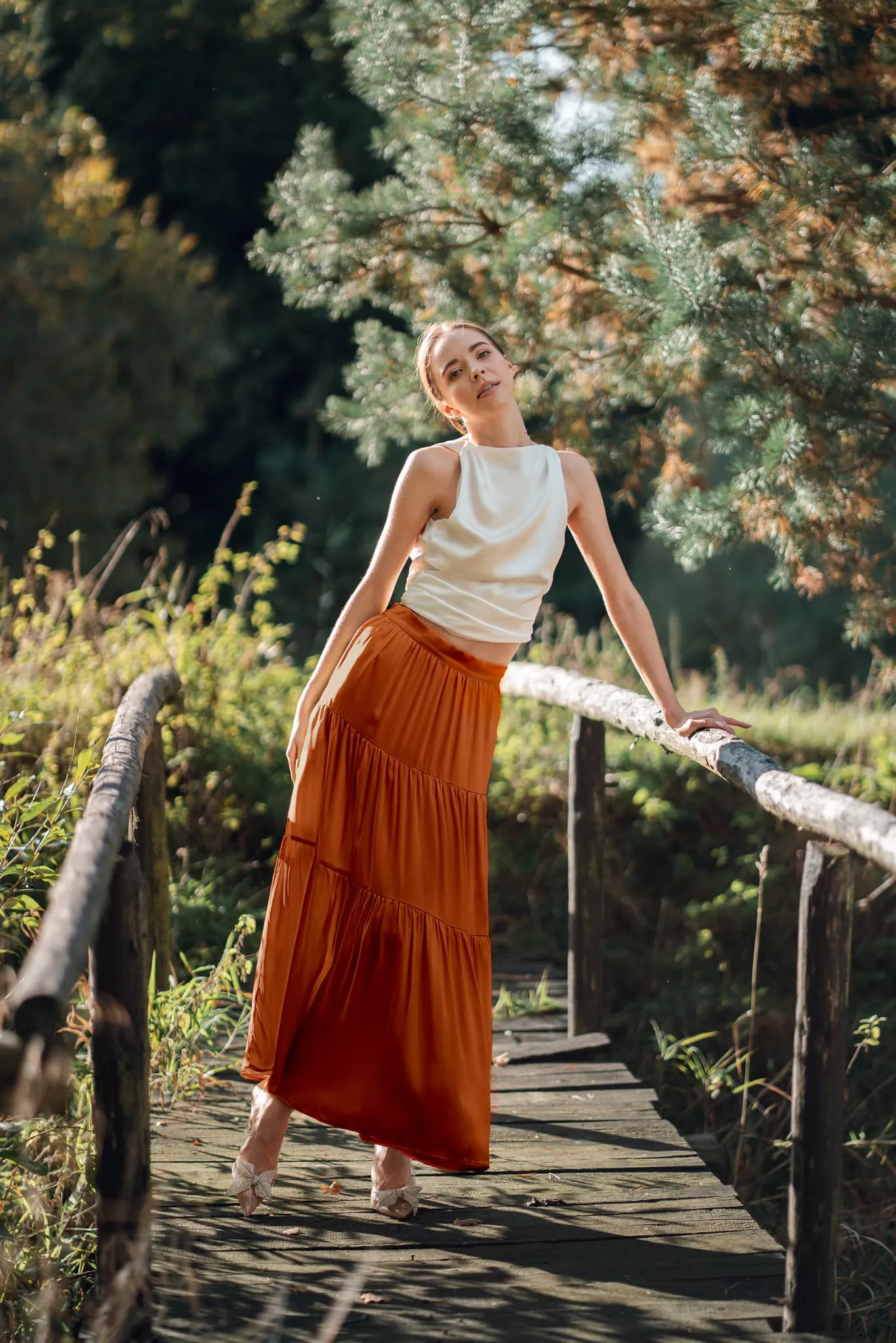 Tuscan Orange Silk Maxi Tiered Skirt