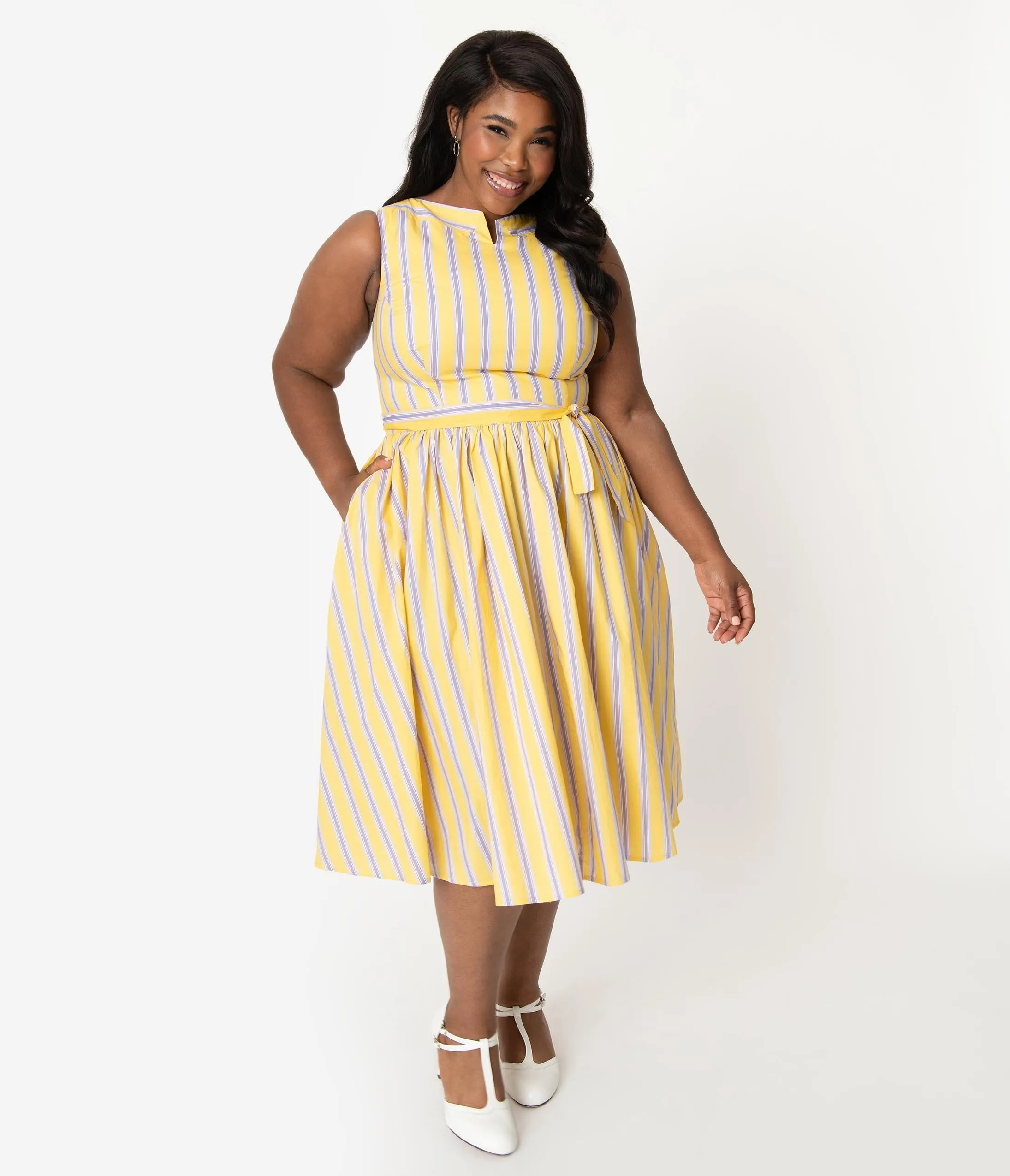 Unique Vintage Plus Size Yellow & Purple Stripe Sleeveless Indy Sundress