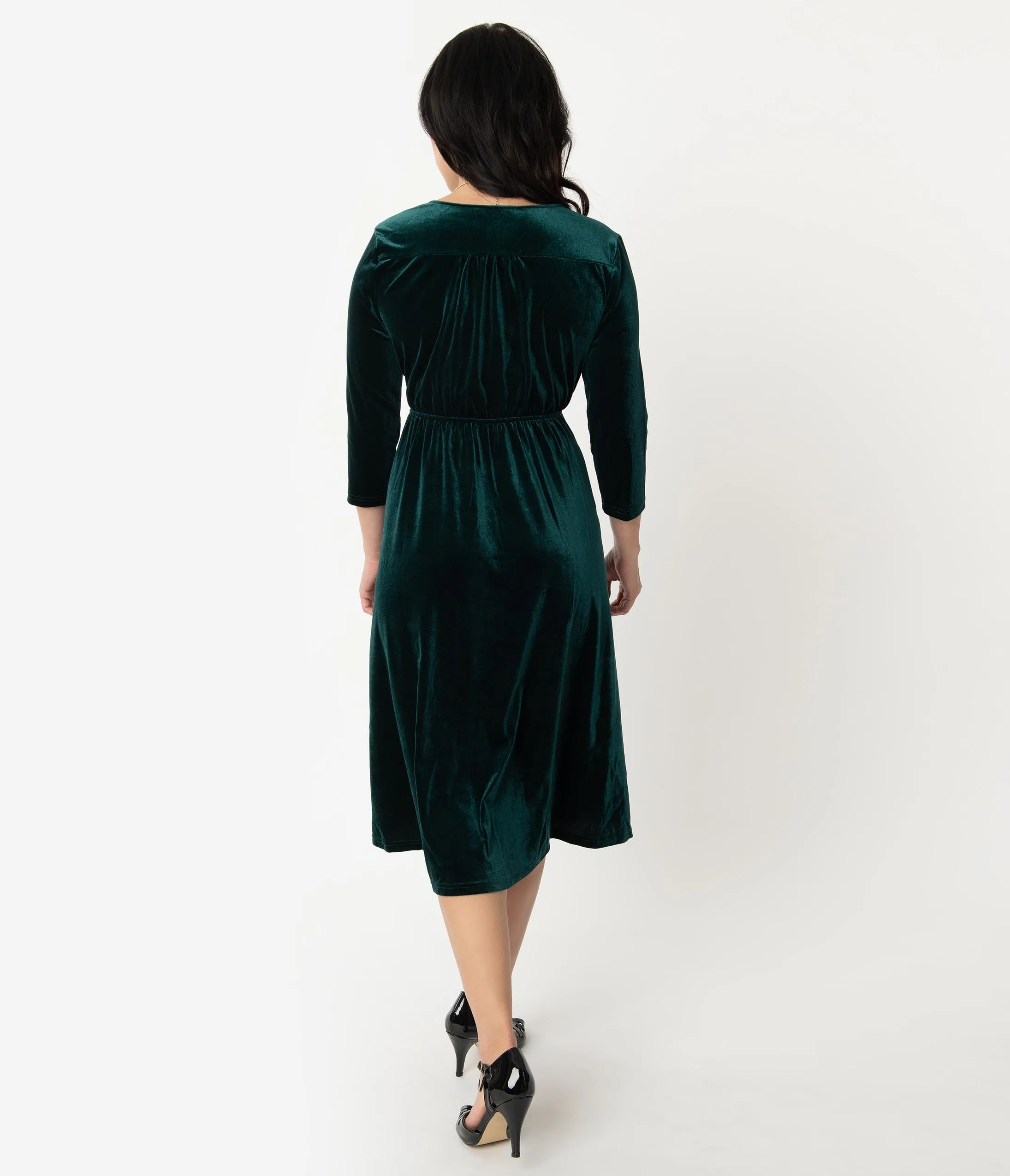 Vintage Style Forest Green Velvet Sleeved Midi Dress