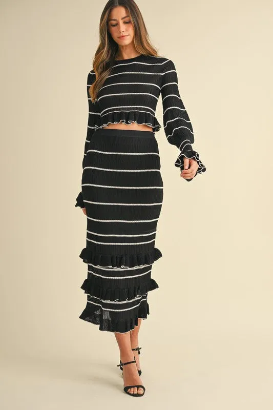 Waitlist 12/6 ♥ Casey Long Sleeve Stripe Print Knit Ruffle Crop Top And Midi Skirt Set Black