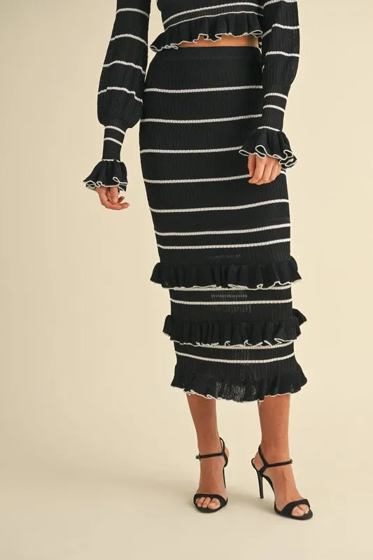 Waitlist 12/6 ♥ Casey Long Sleeve Stripe Print Knit Ruffle Crop Top And Midi Skirt Set Black