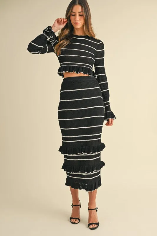 Waitlist 12/6 ♥ Casey Long Sleeve Stripe Print Knit Ruffle Crop Top And Midi Skirt Set Black