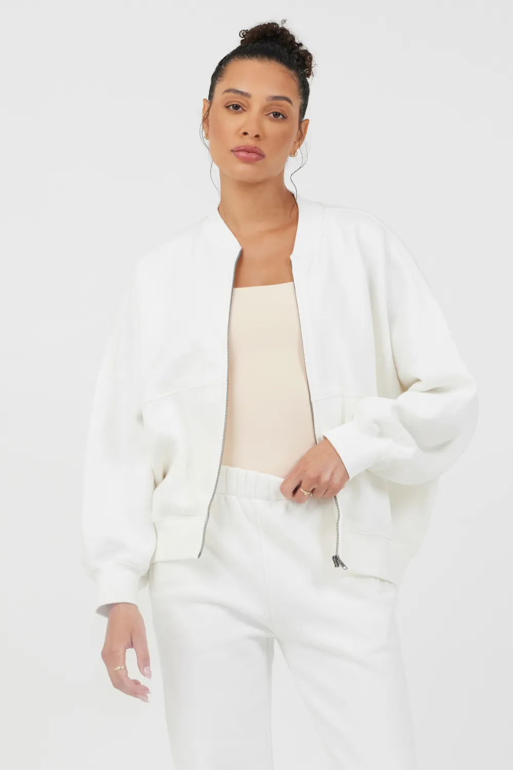 White Essential Fleece Zip Up Bomber