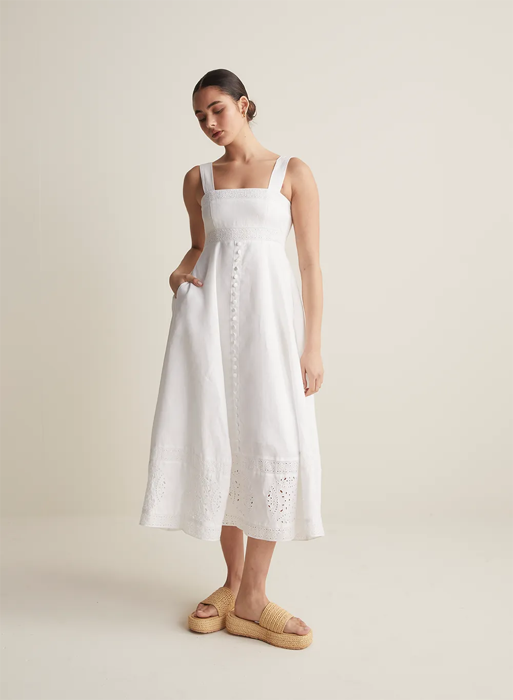 Winona Linen Embroidery Midi Dress