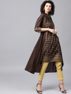 Women Rown And Mustard Yellow Printed Kurta With Trousers