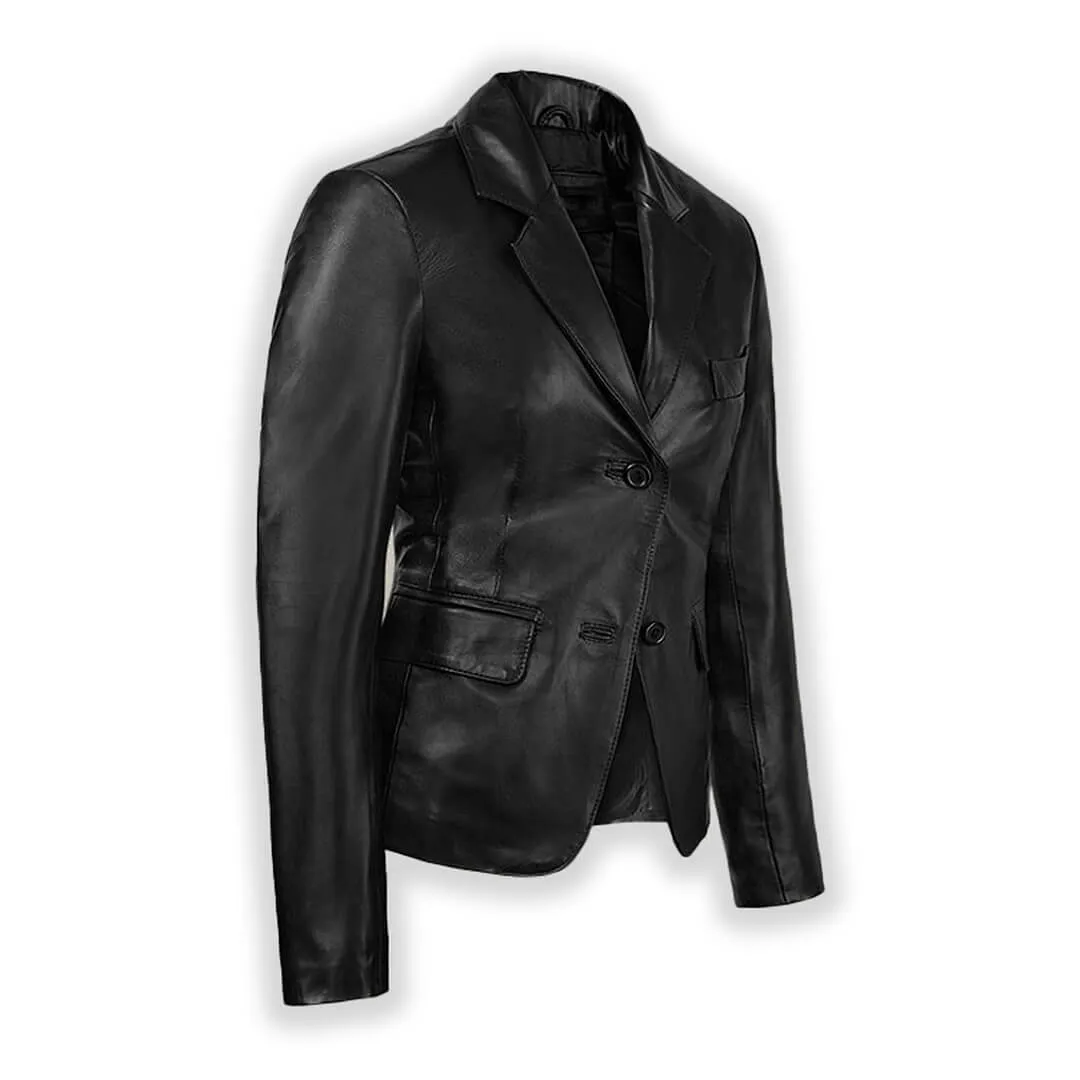 Women Two Button Black Leather Blazer