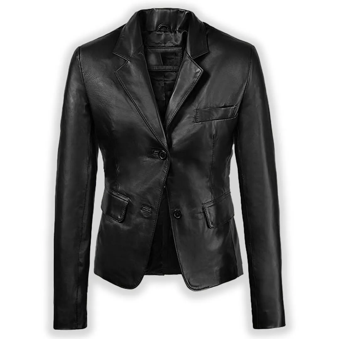 Women Two Button Black Leather Blazer