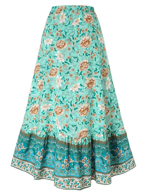 Women's Bohemian Style Printed Waist Drawstring Casual Skirt