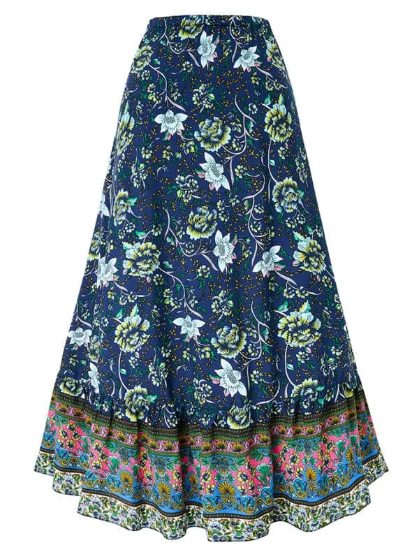 Women's Bohemian Style Printed Waist Drawstring Casual Skirt