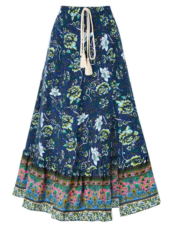 Women's Bohemian Style Printed Waist Drawstring Casual Skirt