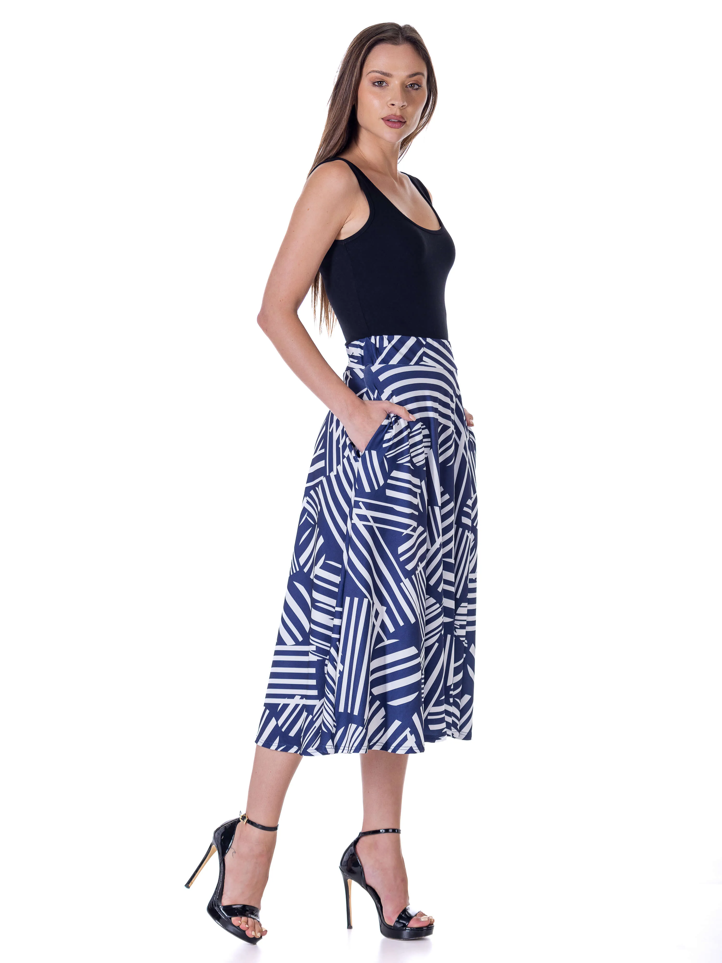 Womens Navy Geometric Print Pleated Midi Skirt With Pockets