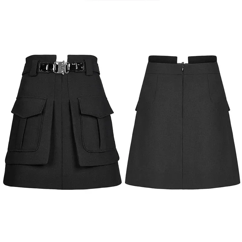 Women's Waist Collect Line Black Buckle Women Functional Decoration A Half Personality Casual Mini Skirt