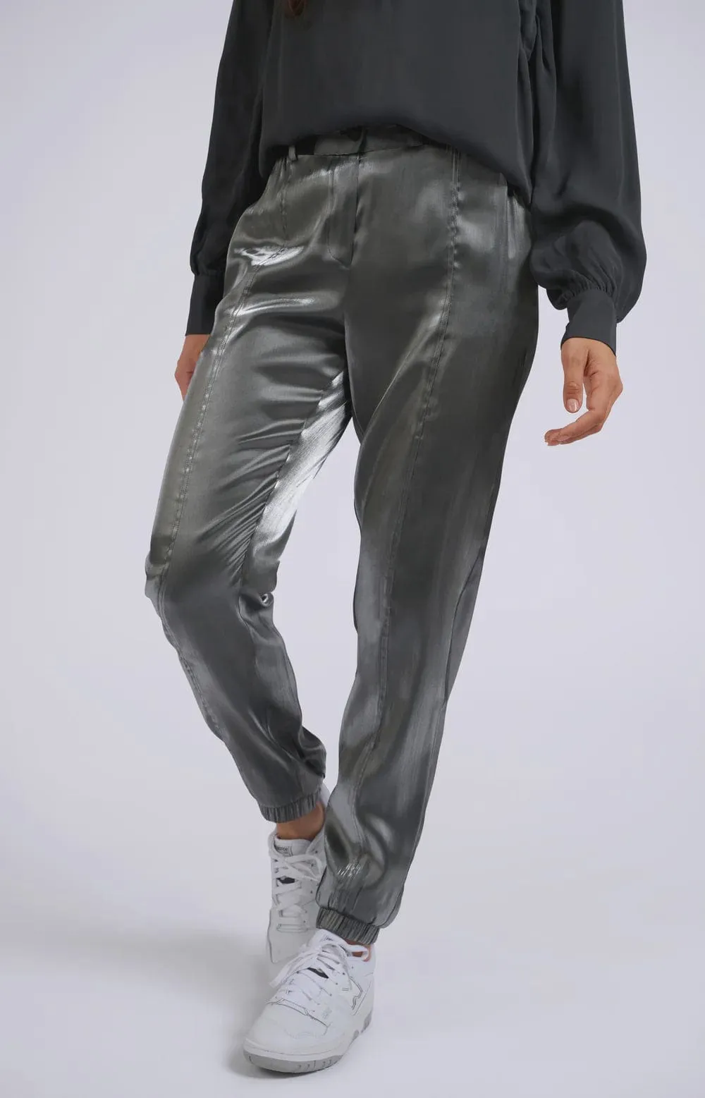 Yaya Metallic Silver Trousers with Elastic Belt