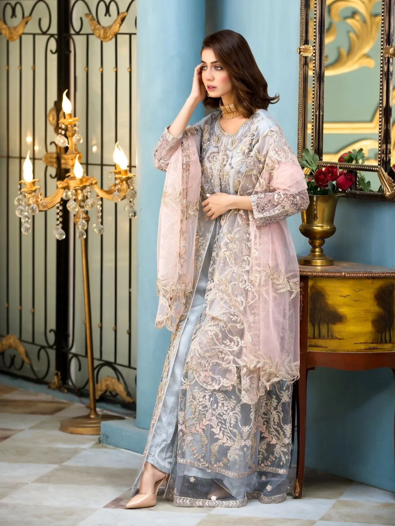 Zarqun Silver Grey Fancy Embroidered Net Maxi Suit